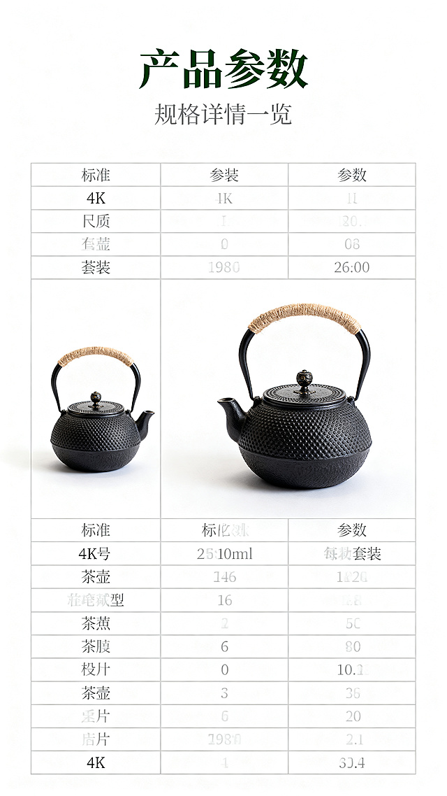 简约白底实景背景，搭配浅灰色标准参数表格排版，表格线条纤细，字体清晰，信息规整，表格旁放置茶壶套装的小尺寸实景图，整体采用中心对称构图，风格极简干净。画面顶部居中放置文案：主文案"产品参数"为墨绿色加粗字体，副文案"规格详情一览"为浅灰色细体字置于主文案下方，整体位于画面顶部居中，下方为标准化参数表格。4K 高清，背景干净无杂物，表格信息清晰易读，茶壶小图质感真实，整体风格统一，符合电商详情页参数模块通用规范。