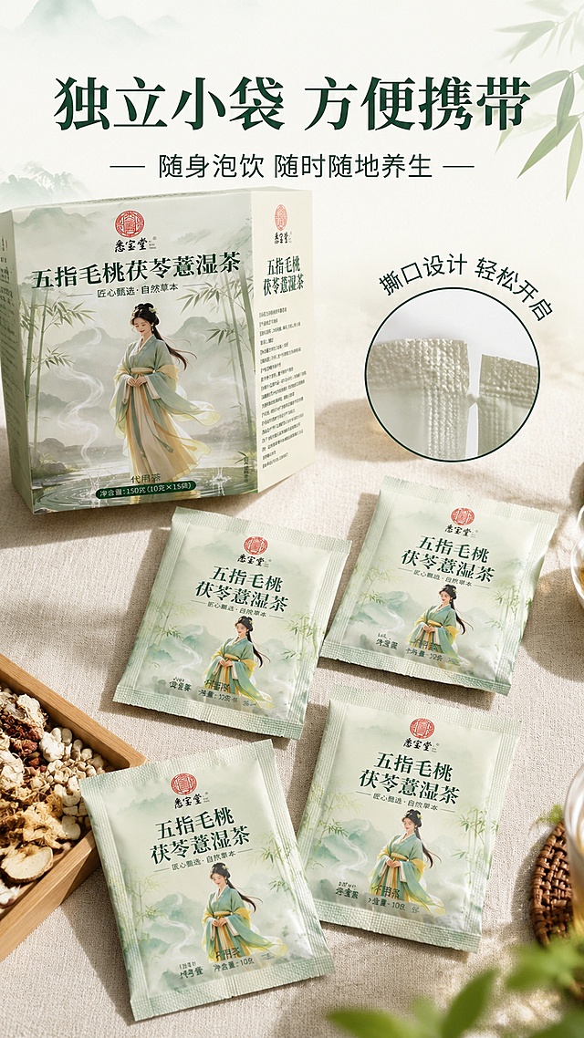 「图片1」，生成一套详情页，商品名称为五指毛桃茯苓薏湿茶，适配淘宝/天猫平台，单图比例为9:16，需求屏数为8张。