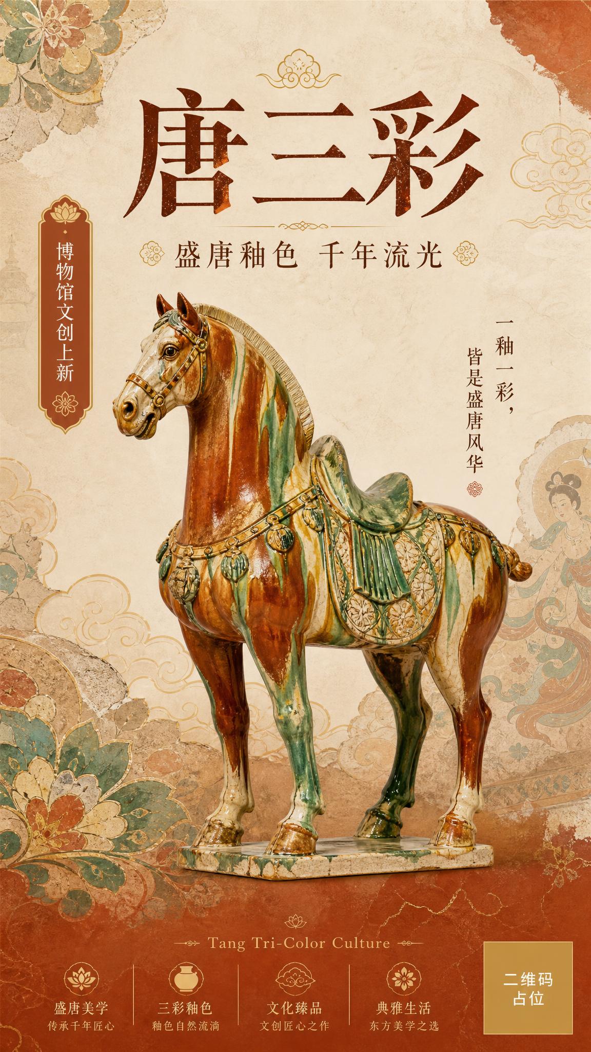 新中式唐三彩文创海报，竖向平面设计稿，国风新中式工笔插画风格，… - 图片创意预览