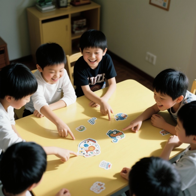 几个10岁亚洲男孩在房间的一张浅黄色桌子上玩。孩子们非常高兴。桌子上有一些贴纸，孩子们用手指着这些贴纸。图片的光线明亮柔和，不要有阴影对比，只要平光。用俯视45°的角度进行近景拍摄。生成的图片要最高的预览效果