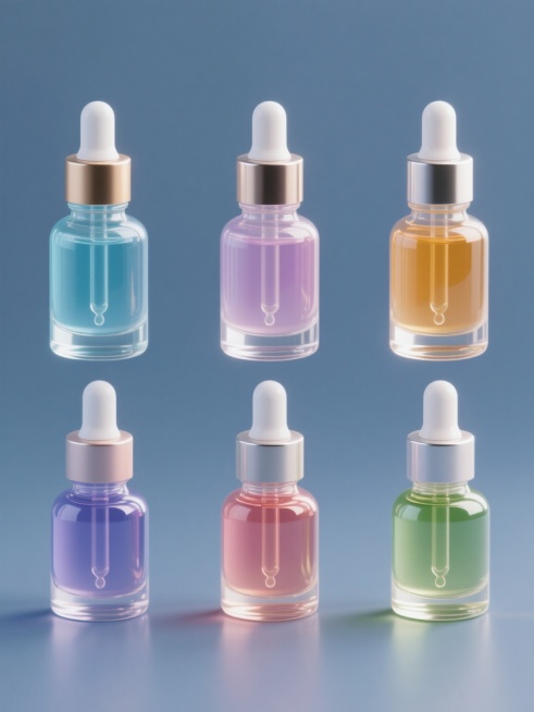 六个完全不同配色与瓶身样式的化妆品精华液瓶子，保持3D写实风格，高清晰度，透明玻璃质感，液体光泽，精细滴管设计，各自置于纯色背景上，整体规整排布形成系列素材集合，强调每个瓶子独特的颜色搭配与形态设计，统一的光影效果与立体感，无任何文字、LOGO及二维码元素。预览效果