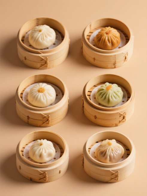 一组6个不同中式点心的系列素材集合，每个点心都放在相同的竹制蒸笼中，保持原图的高写实摄影风格、明亮柔和的光线、清晰的纹理细节和纯色背景，整体色彩变换为不同的暖色调系，所有元素规整排布，呈现出统一的视觉风格和专业的食品摄影质感。预览效果