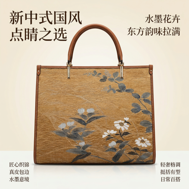 电商主图设计，1:1比例，高清8K分辨率，商业级影棚摄影风格，严格还原上传产品图整体造型与图案细节。整体风格为东方新中式轻奢杂志风，中文文字使用精致衬线字体，产品正面平视居中展示，完整呈现包身挺括的托预览效果