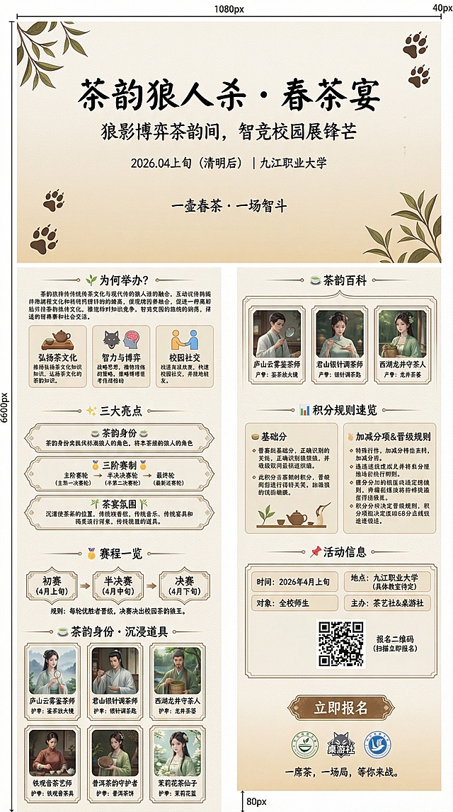 参考上传海报的排版布局，重新设计制作茶韵狼人杀春茶宴校园活动长图，背景为宣纸底纹加浅茶色渐变，总尺寸宽度1080px，高度约6600px，左右留白40px，分8个板块：
板块1主视觉头图(Y=0-1000)：居中放置主标题"茶韵狼人杀 · 春茶宴"，副标题"狼影博弈茶韵间，智竞校园展锋芒"，时间地点"2026.04上旬（清明后）｜九江职业大学"，底部居中口号"一壶春茶 · 一场智斗"，角落装饰茶叶和狼爪剪影
板块2活动背景与目的(Y=1000-1800)：小标题"🍃 为何举办？"，正文介绍活动，下方三个横向卡片分别展示三个目的点
板块3活动亮点速览(Y=1800-2500)：小标题"✨ 三大亮点"，三个亮点卡片横向排列，分别介绍茶韵身份、三阶赛制、茶宴氛围
板块4赛事结构图(Y=2500-3300)：小标题"🏅 赛程一览"，阶梯式流程图展示初赛→半决赛→决赛赛程，底部备注规则
板块5茶韵角色图鉴(Y=3300-4500)：小标题"🍵 茶韵身份 · 沉浸道具"，2行3列网格排列6个角色卡片，分别展示庐山云雾鉴茶师、君山银针调茶师等6个茶系对应角色及道具
板块6积分与规则摘要(Y=4500-5400)：小标题"📊 积分规则速览"，分栏展示基础分和加减分项，说明晋级规则
板块7活动信息总览(Y=5400-6100)：小标题"📌 活动信息"，两列网格展示时间、地点、对象、主办信息，放置报名二维码占位
板块8结尾行动号召(Y=6100-6500)：居中放置"立即报名"按钮，三个社团LOGO并排，底部标语"一席茶，一场局，等你来战。"，底部留白80px
板块间用茶叶分隔线或留白分隔，整体中式雅致风格，文字排版清晰，保持参考海报的模块化布局结构
