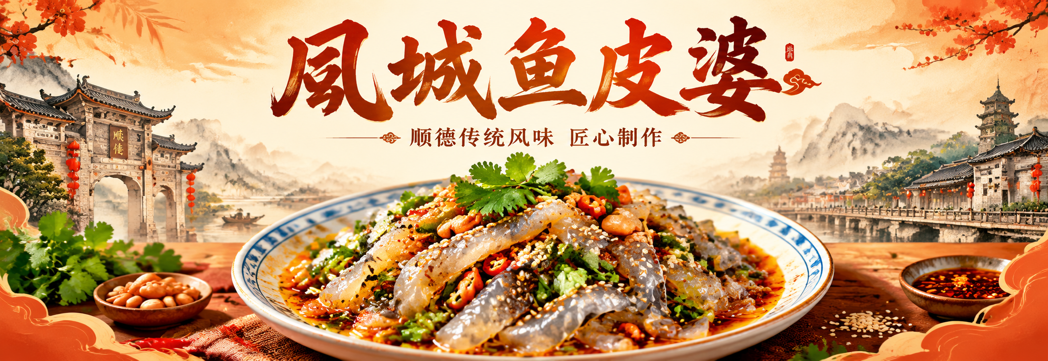 餐饮美食海报横幅设计，店名"凤城鱼皮婆"，主打顺德鱼皮。超宽横… - 图片创意预览