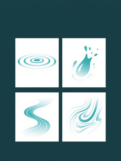 一组四个完全不同造型的水元素插画，保持统一的简约现代风格，白色纯色背景，采用流畅优雅的线条表现手法，使用蓝绿色系的渐变色彩，呈现出柔和的光影效果。第一个是同心圆水波涟漪，线条从中心向外扩散；第二个是不规则的水滴飞溅形态，线条呈现出动态的张力；第三个是蜿蜒曲折的水流形态，线条流畅自然；第四个是抽象的水纹图案，线条交织形成独特的纹理。四个元素规整排布，保持一致的视觉风格和设计语言，整体画面简洁明快……预览效果
