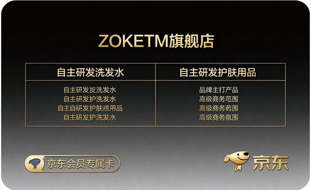 高端大气的京东店铺会员卡卡面设计，卡面上有店铺名称文字"ZOKETM旗舰店"，品牌主打自主研发的洗发水和护肤用品，整体风格精致高级简约，深色渐变底色搭配烫金色文字和logo区域，质感高级，商务轻奢风格预览效果
