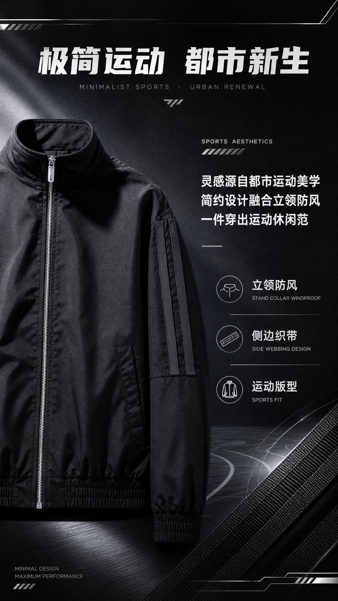 [第2张] 详情页设计理念-简约黑色立领运动夹克极简运动灵感。… - 图片创意预览