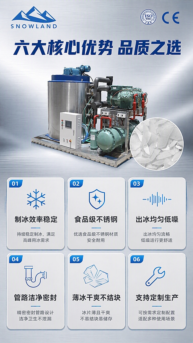 [商品] 使用【图1】SNOWLAND商用片冰机；保留产品完整结构、颜色、Logo、认证标识和右下角片冰特写；产品缩小作为视觉锚点放在页面中上部，不改变比例和外观。
[画面] 目标：核心卖点总览，6大优势卡片式呈现。版式：顶部产品图+标题，下方6个卖点卡片分2行3列排列。背景：银灰色渐变工业风背景，带细腻金属拉丝纹理。每个卡片配对应小图标和简短说明，卡片间用细冰蓝色线条分隔。阅读动线：顶部产品与标题→6个卖点卡片从左到右从上到下。
[视觉] 套系策略：风格=工业科技商业摄影风；标题字=粗黑体无衬线；正文字=简洁无衬线体；主色=深海蓝+银灰；背景延展=基于银灰做深浅层级、金属质感和冷调光影；强调色=冰蓝色，仅用于小面积图标、引线和标签；标题色=深海蓝；正文色=深灰；组件=圆角浅灰信息卡、冰蓝色细线图标、数字编号标签；光影=均匀冷白光，卡片有轻微投影增加层次。
[文字] 顶部主标题"六大核心优势 品质之选"。6个卖点卡片：1."制冰效率稳定"配雪花图标，2."食品级不锈钢"配盾牌图标，3."出冰均匀低噪"配声波图标，4."管路洁净密封"配管路图标，5."薄冰干爽不结块"配冰片图标，6."支持定制生产"配扳手图标。每个卡片标题+1行简短说明，文字横排，字号保证手机端清晰可读。
[规格] 图片比例9:16竖版，4K，负向提示：避免纯白底、icon矩阵无层次、文字过小、竖排文字、产品变形、颜色偏差、极限词。
