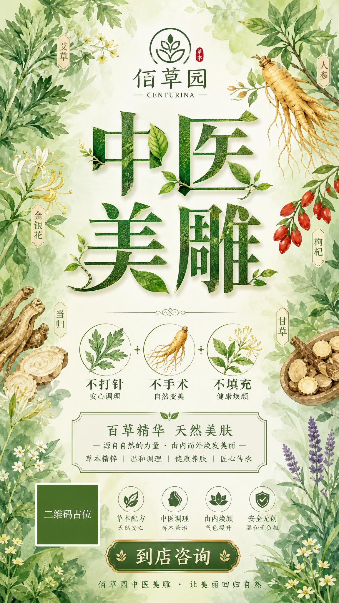 草本植物风格佰草园中医美雕品牌海报，竖版9:16。顶部放置「佰… - 图片创意预览
