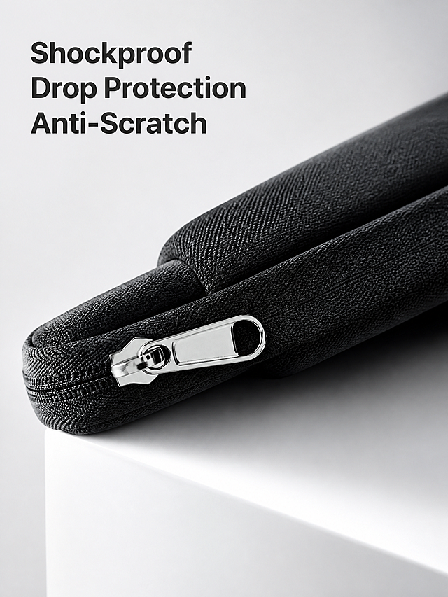 [Main Image 3] Showcase the anti-drop, wear-resistant and scratch-resistant performance of the laptop sleeve. Close-up shot of the durable metal zipper and thickened edge, highlight the material's toughness. Keep product details consistent with the original image. Pure background, add the text "Shockproof Drop Protection Anti-Scratch" in the upper left corner. All text in English. Commercial high-definition photography, advanced business style, 3:4 ratio, 2K resolution. Negative prompt: Deformation, watermark, text confusion, blurred product image, messy background.