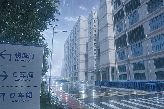 将这张工业园区照片转换为动漫风格，画面中下着蒙蒙细雨，江南烟雨朦胧的氛围感，湿润的路面反射着微光，远处建筑笼罩在薄雾中，天空云层稀薄，只有少量淡淡的云，色调柔和偏冷，新海诚风格的细腻光影，雨滴清晰可见，整体画面充满诗意的雨天氛围，保留原图的建筑结构和道路布局