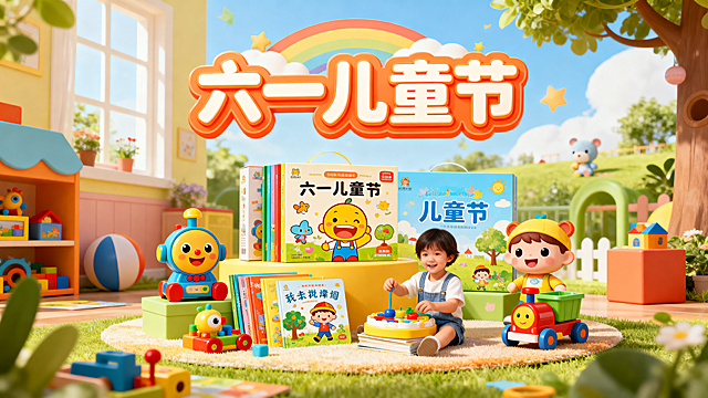 61儿童节主题的儿童产品促销海报，整体风格活泼可爱，色彩明亮欢快，海报上方突出显示主题文字“六一儿童节”，下方摆放儿童玩具、绘本等产品，设计丰富有趣，充满童趣
