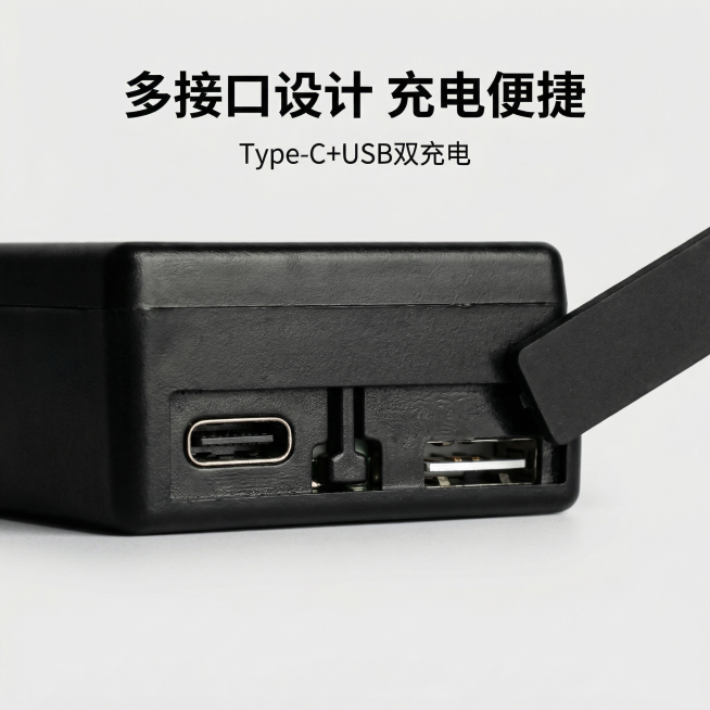 [主图2] 迷你GPS定位器接口细节展示，浅灰极简背景，放大展示产品的Type-C和USB接口细节，保持产品外观和实拍图一致，突出小巧精致的工艺。主标题“多接口设计 充电便捷”黑色加粗字体，标注“Ty预览效果