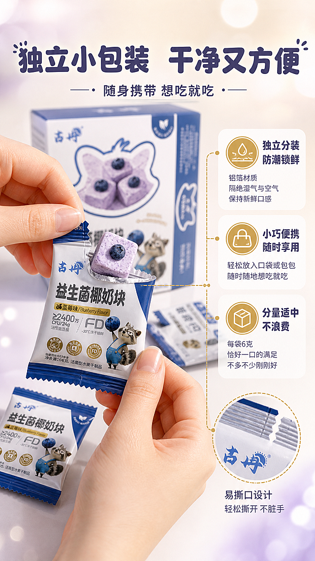 [商品] 使用【图1】古冉益生菌椰奶块包装盒与【图7】展开图中的独立包装信息；保留包装盒外观、"独立包装"金色图标含义，展示撕开的独立小袋内装椰奶块的形态，小袋风格与主包装统一（蓝白配色+古冉品牌元素），不虚构与原包装冲突的设计。
[画面] 目标：独立包装细节页，手部操作+结构特写型。画面中央一只手（亚洲女性手部，自然肤色）正在撕开一袋独立小包装，袋口露出一块紫色椰奶块。旁边散落2-3袋未开封的独立小袋，后方有产品包装盒作背景虚化。右侧展示独立小袋的细节特写：防潮铝箔材质、易撕口设计。背景为奶白色渐变，有柔和光斑。突出独立包装的便携、卫生、防潮卖点。
[视觉] 套系策略：风格=清新治愈零食风商业摄影；标题字=圆润可爱粗体无衬线；正文字=简洁无衬线体；主色=淡紫+奶白+深蓝；背景延展=基于奶白色做深浅渐变、柔和光斑、淡紫色晕染；强调色=金黄色，仅用于卖点标签和图标；标题色=深紫蓝色；正文色=深灰紫；组件=圆角奶白底信息卡、金色细线引线、胶囊形卖点标签；光影=左前侧暖柔光，手部与包装袋有自然投影。
[文字] 顶部主标题"独立小包装 干净又方便"，副标题"随身携带 想吃就吃"。右侧三个卖点配引线："独立分装 防潮锁鲜"、"小巧便携 随时享用"、"分量适中 不浪费"。所有文字横排，不遮挡手部与产品主体。
[规格] 图片比例9:16竖版，4K，避免变形、错字、文字过小、包装设计冲突、颜色改变、手部不自然。