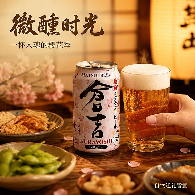 [主图-3] 仓吉樱花啤酒细节与饮用体验场景图。
[氛围风格] 日式生活方式场景 温馨治愈 微醺氛围感 高级商业摄影。
[画质] 商业摄影质感 光线温暖柔和 产品清晰真实 细节丰富 画面有故事感。
[元素] 画面主体为日式居酒屋或家庭餐桌场景 木质桌面上摆放着一罐仓吉樱花限定啤酒 保持产品外观与输入图完全一致 杜绝变形色差。罐体已打开 旁边是一只装满金黄色啤酒的玻璃杯 杯口有绵密白色泡沫 杯壁有冷凝水珠滑落。桌面上还有日式小碟子装的下酒小食 如枝豆 仙贝 几瓣樱花散落。背景为虚化的日式拉门和暖黄灯笼 营造温馨夜晚氛围。一只女性的手轻轻握住玻璃杯 仅露出手腕和部分手指 自然优雅。商品主体占比约50%。画面满屏无边框 产品与场景自然融合 有真实的桌面接触阴影。
[光影] 暖黄色调的侧逆光 来自右上方的暖光 模拟日式灯笼的温暖光线 罐体和玻璃杯有漂亮的高光轮廓 啤酒液体金黄透亮 泡沫细腻有光泽 桌面有柔和反光 整体氛围温暖治愈 暗部有层次 电影感质感。
[配色] 主色调暖黄 木色 樱花粉；辅助色深棕 金黄。
[视角构图] 45度斜侧俯视 桌面场景为主体 前中后景分层 前景小食虚化 中景啤酒罐和玻璃杯清晰 背景日式环境虚化 营造纵深感和氛围感。
[文字版式] 左上角主标题"微醺时光" 手写书法体 深棕色 较大字号；副标题"一杯入魂的樱花季" 小号细宋体 同色系 左对齐。右下角有小字"自饮送礼皆宜" 小号 右对齐。文字都放在负空间 不遮挡产品主体。画面禁止出现多余的手 多余的手指 畸形手 融合手指 手部扭曲。
[输出要求] 1:1比例 文字清晰锐利 超高清商业摄影质感。
[负向提示词] 变形 文字错乱 产品模糊 背景杂乱 水印 电商平台Logo 多余手指 手部扭曲 人物面部 肢体穿模。