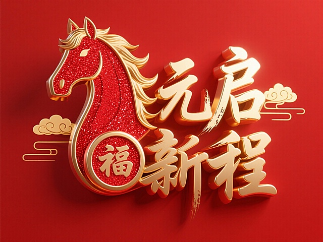 “元启新程” 立体艺术字（“启” 字融红色马首、“新” 字内部嵌 “福” 字），红色闪粉 + 金色金属材质，金色马首鬃毛 / 字边缘立体描边，文字表面叠加毛笔笔触纹理，周围点缀细线金色祥云；背景为朱红纯色（色泽饱满均匀），整体氛围庄重典雅，静态展示。