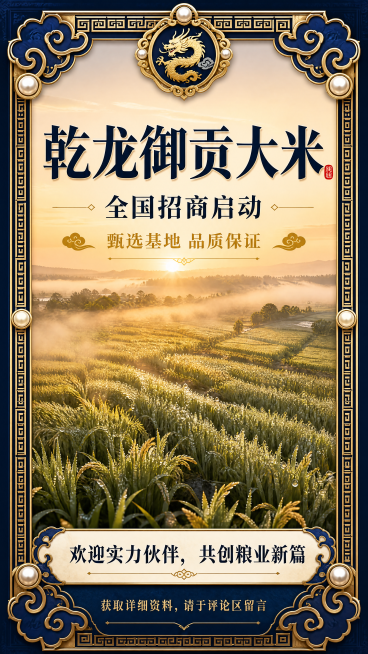高端大气有质感的乾龙御贡大米招商海报，深蓝色宫廷风边框带金色回纹祥云和珍珠点缀，中间背景为秋日清晨稻田带露珠航拍视角，暖金色阳光薄雾，文案排版：主标题“乾龙御贡大米”深蓝色厚重衬线字体，副标题“全国招预览效果