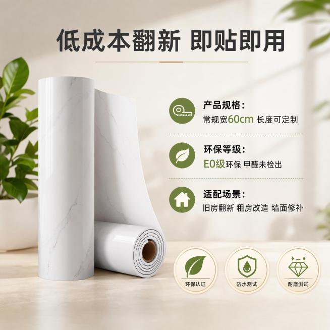 整体尺寸1:1正方形，奶油风简约居家静物摄影，浅米色纯色墙面+浅原木地板，柔和漫射柔光，画面角落点缀小型绿植，温馨干净居家氛围。
核心产品要求：严格还原上传的产品图，完整复刻流云白大理石纹理、双层卷材预览效果