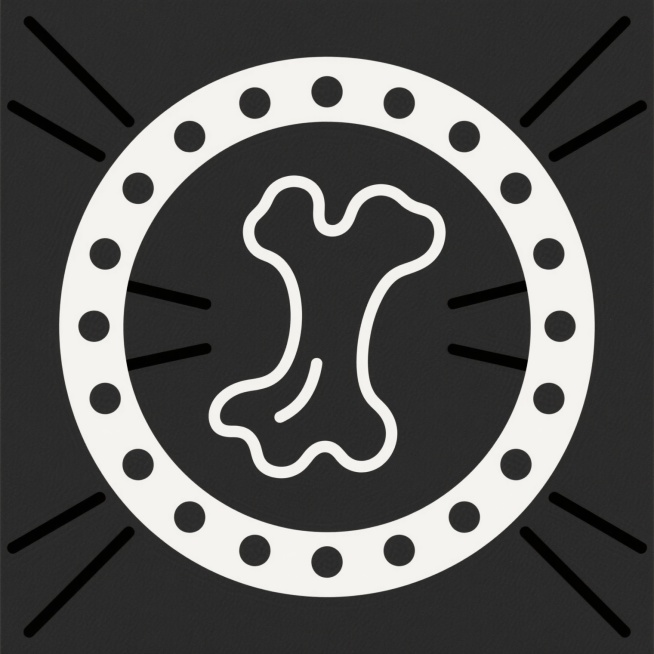极简主义风格的黑色线条勾勒出的抽象骨头形态，整体呈现流畅圆润的曲线，骨头轮廓由连续的单线条构成，线条粗细均匀，边缘平滑无棱角。骨头主体被一个由等距排列的黑色圆点组成的虚线圆环环绕，圆环圆点大小一致，间距均匀。在骨头形态的两侧各有三条向外发散的黑色短线条，短线条长度相近且呈放射状分布，整体构图简洁对称，黑白对比鲜明，具有强烈的现代简约设计感，线条艺术风格，抽象图形设计，轮廓清晰，负空间运用合理，……预览效果
