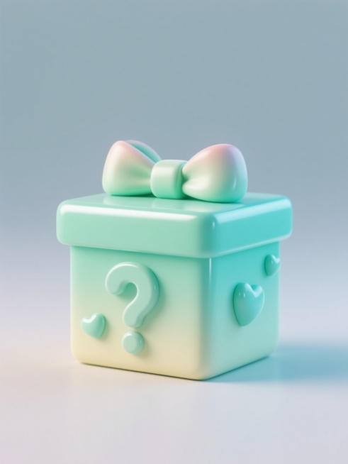 3D风格盲盒元素图案，单个规整排布的盲盒，整体造型简约现代，纯色背景，无任何文字，无logo，无水印，盲盒主体为[此处替换为不同颜色，如：清新薄荷绿]渐变色调，表面光滑有光泽，顶部系有同色系渐变立体蝴蝶结，正面及侧面装饰有同色系立体问号符号，周围点缀1-2颗同色系立体爱心，光影柔和，高光细腻，阴影自然，保持与原图一致的可爱甜美氛围和简约现代设计感。预览效果