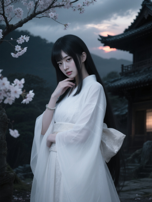 杰作游戏《荣耀战魂》风格画面，黑暗之魂风格，夜幕下的，暗黑基调透出青灰冷调。日式美女，公主切，长发。华丽白色薄款日式长裙，白色长袖。白色皮肤，手链。景深。樱花树，樱花花瓣。微微低头，左手放在下巴上，看预览效果