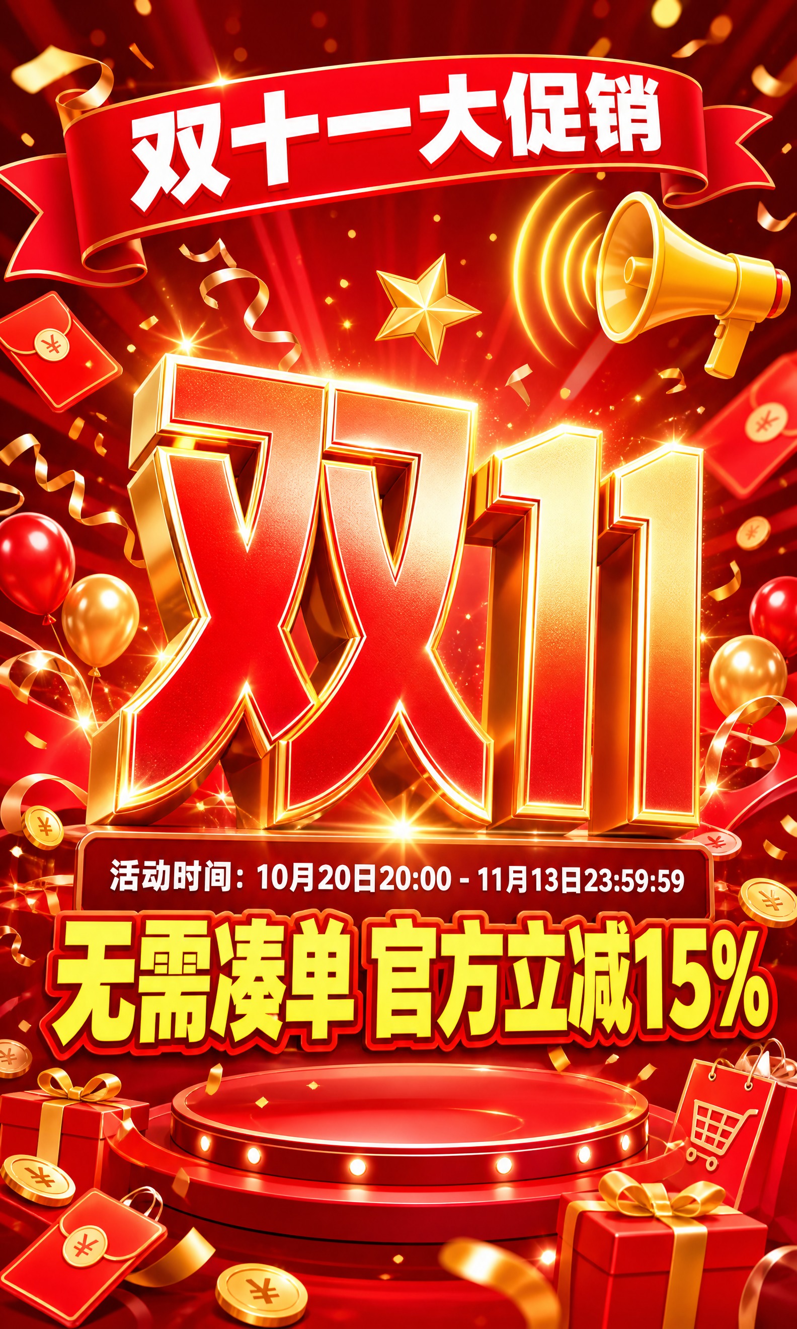 淘宝店铺首页双十一大促装修海报，竖版，整体氛围热烈喜庆，双11… - 图片创意预览