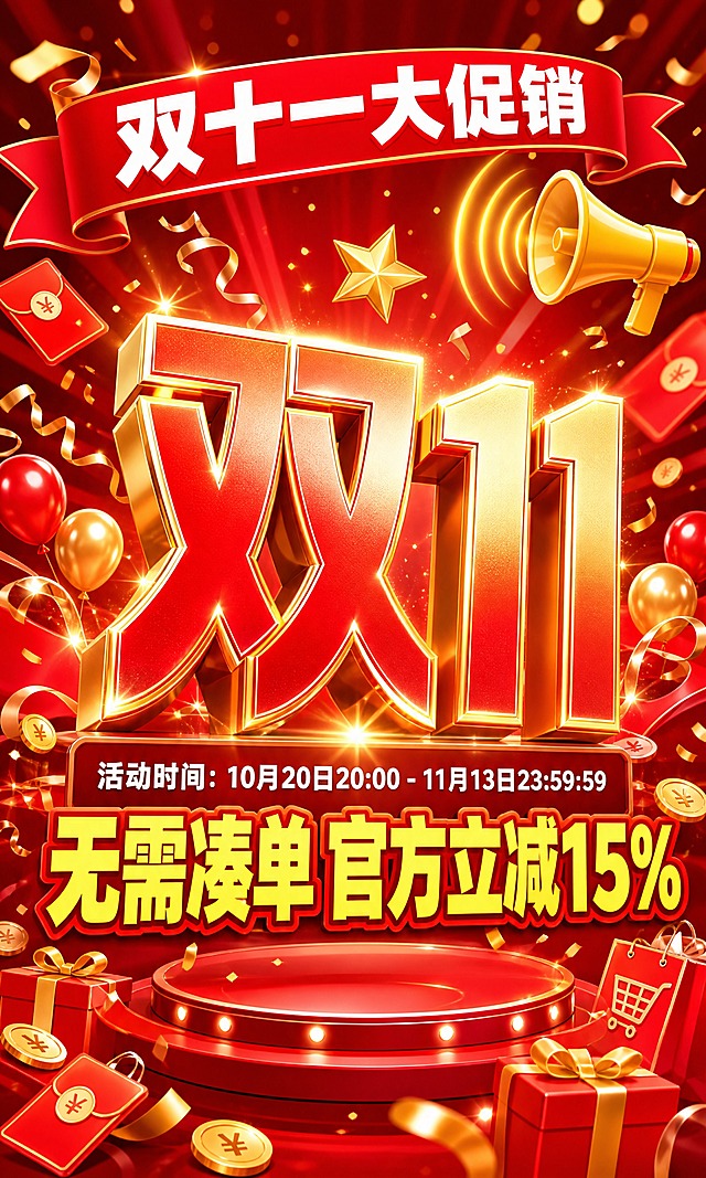 淘宝店铺首页双十一大促装修海报，竖版，整体氛围热烈喜庆，双11大促感拉满。

画面正中间是超大号立体字「双11」，字体粗厚有力量感，红金渐变配色，带金属光泽和轻微3D立体效果，周围环绕金色光效、星星闪烁和彩带飞舞，是整个画面的视觉中心。

右上角有一个黄色的卡通喇叭图标，喇叭口朝向左侧，带声波扩散效果，醒目突出。

画面顶部有红色渐变横幅，写着「双十一大促销」白色粗体大字。

「双11」大字下方依次排列活动信息：
第一行：「活动时间：10月20日20:00 - 11月13日23:59:59」，白色字体，清晰醒目。
第二行：「无需凑单 官方立减15%」，超大号黄色粗体字，带红色描边，视觉冲击力强，突出核心优惠。

背景为大红色渐变，点缀金色光斑、飘落的红包、金币、彩带、气球、礼盒等双十一元素，底部有红色舞台台面，整体喜庆热闹，促销氛围浓厚。

整体风格：电商大促风，红金主色调，信息层级清晰，核心卖点突出，符合淘宝双十一活动视觉调性。