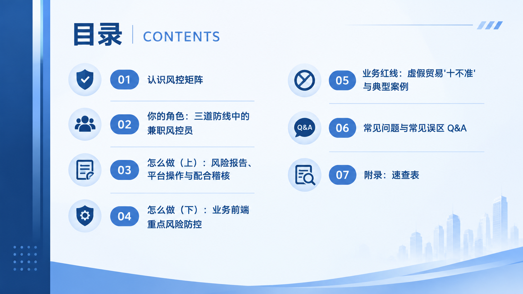 商务培训PPT目录页，16:9横版，深蓝色主色调，与封面风格统… - 图片创意预览