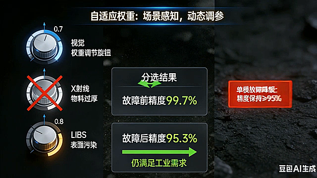 科技感十足的3D金属旋钮动态调节界面，融合工业风与未来感设计，通过粒子光效与重拟物风格展现自适应权重系统，精准传达智能分选技术的高精度与稳定性。