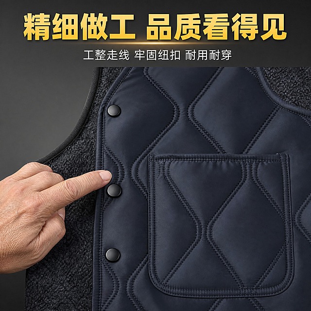 [主图-7] 马甲做工细节展示图，突出品质感和精细做工。
[统一基调] 拼多多风格，暖色调背景，大字醒目，红金配色强调性价比，标题粗黑体大号字，辅助文字缩小，整体氛围热闹实惠。
[画面] 马甲局部特写，画面左侧展示纽扣门襟细节：整齐的黑色圆形纽扣，扣眼工整，缝线细密；右侧展示胸前口袋细节：口袋方正，走线均匀，绗缝菱格对齐。背景为纯净的深灰色渐变，突出马甲做工细节。一只中老年男性的手指轻轻指着纽扣，展示纽扣牢固度。细节区域占画面约65%。
[光影质感] 柔和侧光突出缝线和面料纹理，纽扣有轻微光泽，缝线针脚清晰可见，面料质感真实，手部光影自然。
[配色] 背景深灰色渐变，标题字色金黄色，辅助文字浅灰色，高端品质感配色。
[文字版式] 画面顶部金黄色粗黑体大字"精细做工 品质看得见"，字号醒目；下方小字"工整走线 牢固纽扣 耐用耐穿"，浅灰色，字号约为标题的40%。文字放在顶部负空间，不遮挡细节展示。
[输出要求] 比例1:1，文字清晰可读，做工细节清晰，手部自然，无错字，无水印，无平台Logo。