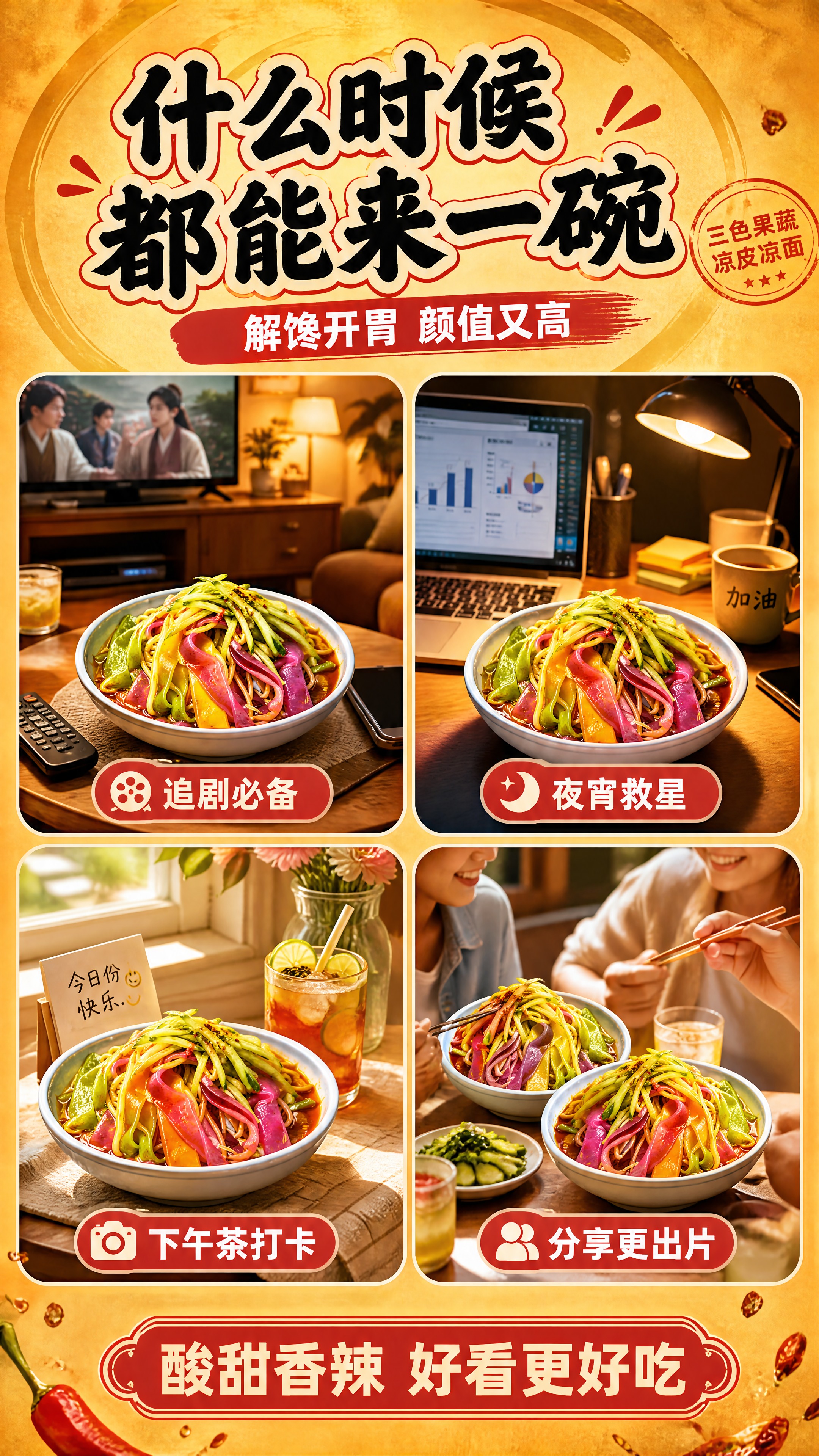 [商品] 使用【图1】三色果蔬凉皮凉面碗作为各场景中的食物主体… - 图片创意预览