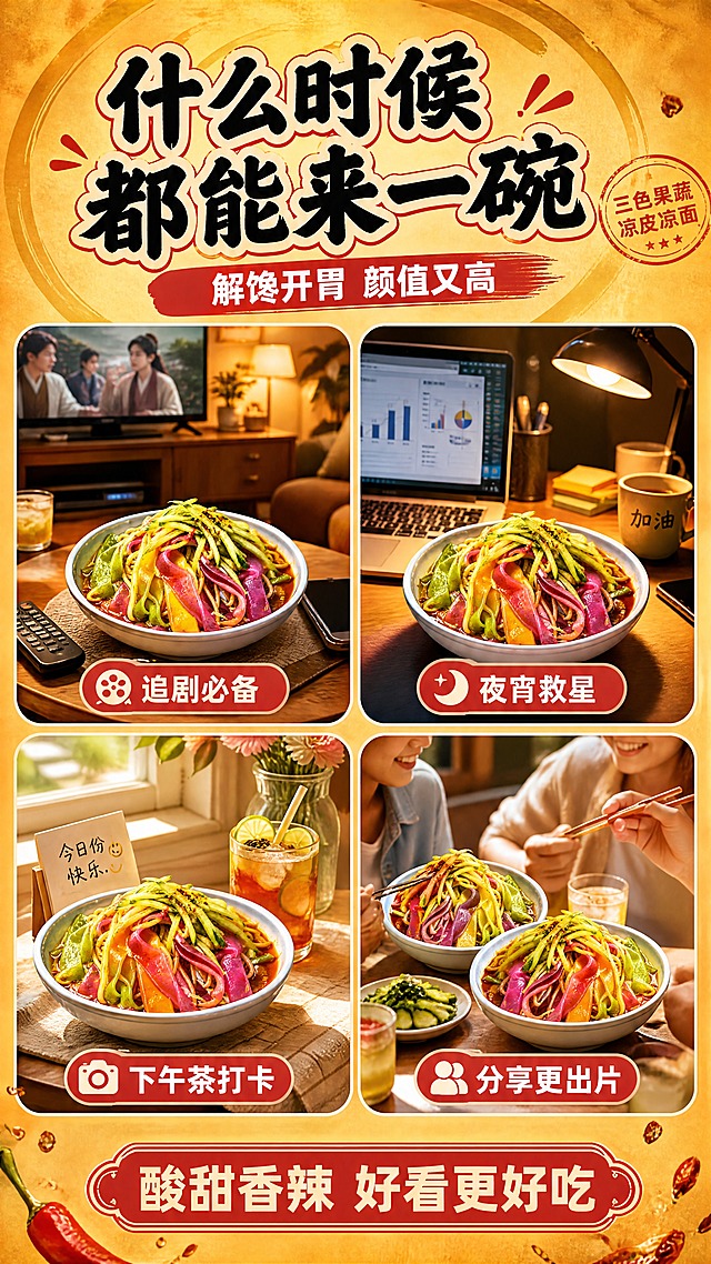 [商品] 使用【图1】三色果蔬凉皮凉面碗作为各场景中的食物主体；保留火龙果（红）、菠菜（绿）、南瓜（黄）三色凉皮的真实颜色与样貌；商品处理：成品碗在各场景中保持三色分明、色泽鲜亮、酱汁饱满，提升食欲。
[画面] 页面目标：场景种草，展示多种日常食用场景，激发购买欲；构图骨架：2×2场景拼图（4个圆角卡片），顶部大标题，下方四张场景图等大排列，底部一行总结语；主体占画面70%；景别：每个小场景为中景；阅读动线：从上到下、从左到右；前中后景：前景场景卡片、中景三色凉皮+场景、后景暖黄底色。
四个场景分别为：①居家追剧：客厅茶几上放着三色果蔬凉皮，旁有遥控器和手机，暖光温馨；②加班夜宵：办公桌上电脑旁一碗三色凉皮，深夜暖光；③下午茶解馋：阳光窗边小桌，配一杯冰饮，彩色凉皮颜值高适合拍照；④朋友分享：两人餐桌对坐，各一碗三色凉皮，轻松氛围。
[视觉] 套系策略：风格=国潮市井风+老字号烟火气，暖金黄色高食欲商业摄影；标题字=粗黑体带毛笔笔触，醒目有力带红描边；正文字=圆润无衬线体，移动端清晰可读；主色=暖金黄色；背景延展=暖金黄做深浅径向渐变、同色圆环层次、细腻木纹/纸张质感；强调色=正红色，用于标签、图标、引线和底纹；标题色=黑色字+米白描边+红底衬；正文色=深棕褐色；组件=圆角红底白字胶囊标签、爆炸贴卖点框、细线引线、圆形印章标；光影=左前侧暖柔光，凉皮表面有高光，碗边有投影，整体温暖明亮有食欲。
[文字] 顶部主标题'什么时候都能来一碗'，副标题'解馋开胃 颜值又高'；四个场景卡片下方分别标注'追剧必备''夜宵救星''下午茶打卡''分享更出片'；底部红底白字胶囊'酸甜香辣 好看更好吃'；文字均横排。
[规格] 图片比例9:16竖版，4K分辨率，负向提示：避免冷蓝/冷灰背景、场景违和、凉皮颜色失真、文字过小、蚂蚁字、错字、模糊、水印、二维码、绝对化用语。