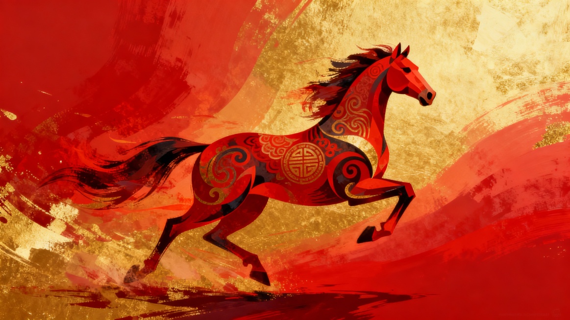 主画面为一抽象的马，形态结合中国传统文化。马采用动势速度。背景红色至鎏金渐变。整体彰显企业在马年腾飞的寓意。预览效果