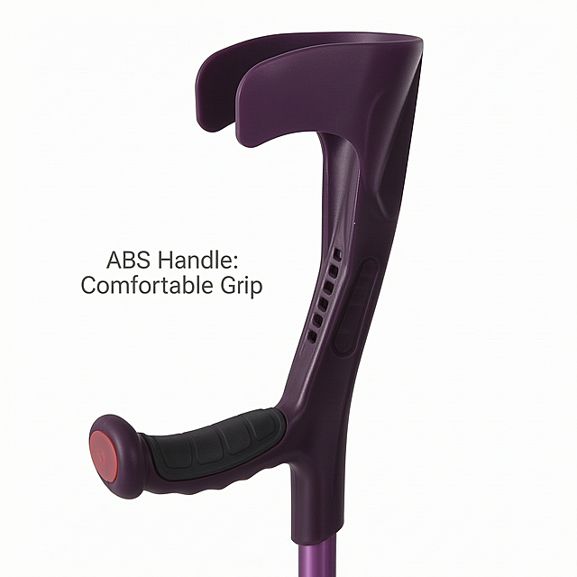 Close-up product photo of the elbow crutch handle, highlight ABS material handle with comfortable grip, English text 'ABS Handle: Comfortable Grip', white background, commercial e-commerce style, 1:1 square