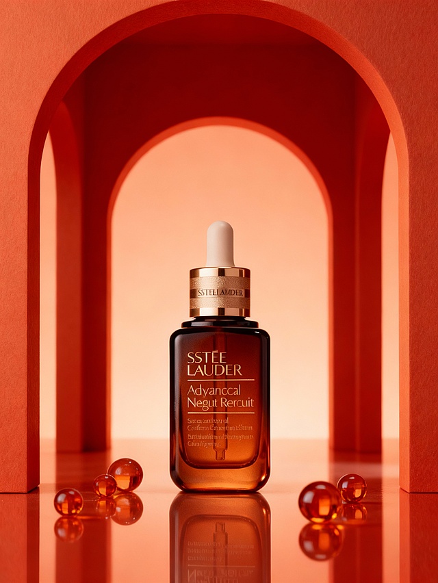 采用暖调纯色渐变背景，主体位于画面中心，占30%，背景搭配同色系的纯色拱门装饰结构，形成规整的几何布局，台面散落几颗同色系的液态质玻璃球，强化色调一致性的同时，整体为暖调精致的高端护肤展示风格，统一的红橙色调突出产品的温润质感，几何拱形结构提升了画面的简约高级感