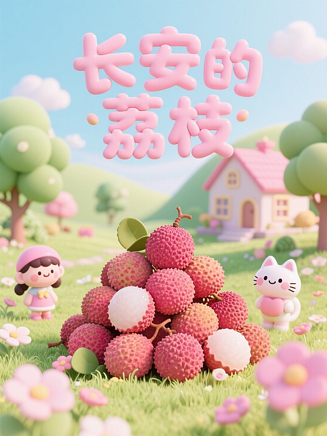 清新可爱的卡通风，以粉红色为主色调。户外场景，主体是一堆荔枝，有花朵、草地，树木、房子等元素。添加可爱的卡通人物和小猫形象，主标题 ”长安的荔枝”用立体、圆润的字体