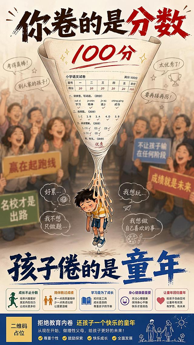 以100分试卷压迫孩子形象，展现教育焦虑与童年失去，呼吁关注心理健康与快乐成长，适合教育培训行业宣传