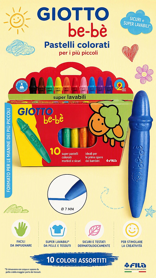 Copertina dettagli prodotto pastelli colorati per bambini GIOTTO be-bè, confezione 10 colori con scatola rossa e pastello blu, sfondo giallo crema giocoso, stile articoli per bambini, qualità fotografica commerciale, testo in italiano, rapporto 9:16 verticale, 4K alta definizione