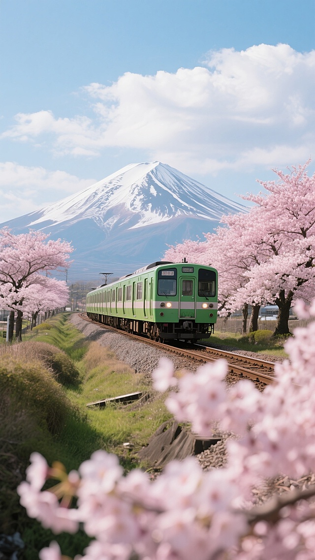 日本风景摄影，高清，大师级摄影作品，一辆绿色的列车行驶在铁轨上，铁轨两旁是盛开的粉色樱花树，远处是连绵的雪山，天空中飘着白色的云朵，画面色彩鲜艳，光影柔和，构图采用三分法，前景樱花虚化营造景深，中景列车作为视觉焦点，背景雪山与天空形成层次，整体氛围清新宁静，充满春日气息，摄影风格写实细腻，细节丰富，色彩饱和度高，画面通透，具有极高的清晰度和质感。