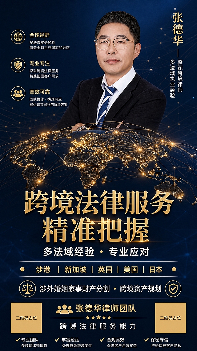 跨境法律服务宣传海报，竖版9:16。画面上方为律师人物形象（参考图中中年男性律师：戴金丝眼镜、黑色西装、蓝白条纹领带），胸像位于画面上方，专业自信。中间区域为抽象的全球连线网络图形，用金色光点和线条组成，体现国际化视野。主标题大字："跨境法律服务 精准把握"，金色字体；副标题："多法域经验 · 专业应对"，白色字体。下方列出服务范围："涉港 | 新加坡 | 英国 | 美国 | 日本"，以金色圆点和横线排列。再下方："涉外婚姻家事财产分割 · 跨境资产规划"。底部："张德华律师团队" + "跨域法律服务能力"。背景为深蓝偏科技感渐变，点缀微光粒子和连线。整体风格：国际化、科技感、专业高端，深蓝金配色，版式精美，人物面部清晰。画面中所有信息区域必须填充完整合理的内容，不得出现空白框。画面中所有二维码区域使用纯色方块占位符呈现，方块中央标注"二维码占位"文字，严禁生成任何可识别的二维码图案。