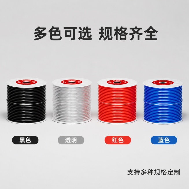 [主图-3] PU气管多色规格展示
[氛围风格] 清晰规整的多规格展示，专业清爽
[画质] 商业摄影质感，颜色准确产品清晰
[元素] 四色PU气管平铺展示，黑、透明、红、蓝依次排列，每卷单独摆放，保持预览效果