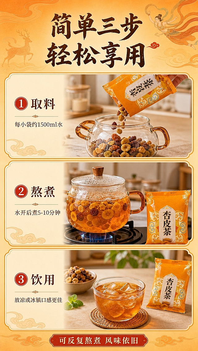 [商品] 使用【图2】杏皮茶独立小袋包装、【图3】背面配料信息；保留小袋包装橙黄色设计、"杏皮茶"文字、花纹图案；保留背面冲泡方法文字逻辑；商品处理：保留包装原貌，清晰化包装文字，增强包装质感，不改变设计与颜色。
[画面] 目标：冲泡方式步骤展示，操作简单方便；构图：三步法竖排布局，从上到下依次展示3个冲泡步骤；主体位置：每一步骤对应一组小图+文字说明；主体占比：步骤图示约占画面65%；景别：中近景；前中后景：每一步独立场景，厨房台面背景，简洁干净；场景：步骤1：撕开小袋倒入锅中/壶中；步骤2：加水熬煮或冲泡；步骤3：放凉或冰镇后饮用；每步配小袋产品与相应操作画面，清晰直观。
[视觉] 套系策略：风格=国潮敦煌风商业美食摄影；标题字=国风书法粗体，带笔锋韵味；正文字=简洁宋体/无衬线体；主色=暖橙杏黄色；背景延展=基于暖橙杏黄做深浅渐变、同色系晕染，融入敦煌飞天飘带、祥云、九色鹿等文化元素做暗纹与装饰；强调色=朱砂红，仅用于小面积图标、引线、标签点缀；标题色=深棕褐色；正文色=暖棕褐色；组件=圆角米黄底信息卡、细线引线、敦煌纹样装饰边框；光影=正面均匀柔光，操作细节清晰。
[文字] 顶部主标题："简单三步 轻松享用"；三步分别标注："① 取料" 小字："每小袋约1500ml水"；"② 熬煮" 小字："水开后煮5-10分钟"；"③ 饮用" 小字："放凉或冰镇口感更佳"；底部温馨提示："可反复熬煮 风味依旧"；文字均为横排，步骤编号清晰。
[规格] 图片比例9:16竖版，4K分辨率，避免变形、错字、文字过小、操作不真实、包装失真。