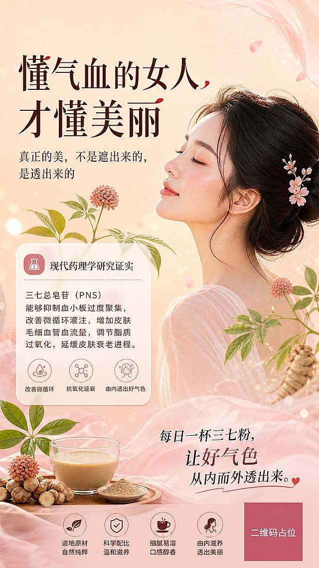 朋友圈宣传海报，竖版9:16，内容种草风格，新中式东方养颜美学氛围。画面顶部预留logo位置，留出空白区域用于放置品牌logo。主视觉为一位气质优雅的东方女性侧面剪影，肌肤通透红润，散发自然好气色，周围环绕淡淡的三七植物草本元素和粉色花瓣，营造内调养颜的意境。背景采用暖杏色到浅粉色的柔和渐变，点缀细腻的光斑和轻纱纹理，整体温暖治愈。

画面文字排版：
顶部主标题大字："懂气血的女人才懂美丽"
副标题："真正的美，不是遮出来的，是透出来的"
中部信息卡片区域，卡片为半透明白色圆角矩形，内部分段呈现正文：
"现代药理学研究证实"
"三七总皂苷（PNS）能够抑制血小板过度聚集，改善微循环灌注，增加皮肤毛细血管血流量，调节脂质过氧化，延缓皮肤衰老进程。"
底部强调语："每日一杯三七粉，让好气色从内而外透出来。"

整体风格：写实商业摄影质感，柔和自然光，色调温暖柔和，粉杏色系为主，点缀三七草本绿色。版式精美，层级分明，文字清晰可读，种草感强，适合朋友圈传播。

画面中所有信息区域必须填充完整合理的内容，不得出现空白框、空白占位、横线待填写区域、空列表项、空单元格，确保是完整可用的成品海报而非待填写模板。
画面中所有二维码区域使用纯色方块占位符呈现，方块中央标注"二维码占位"文字，严禁生成任何可识别的二维码图案。