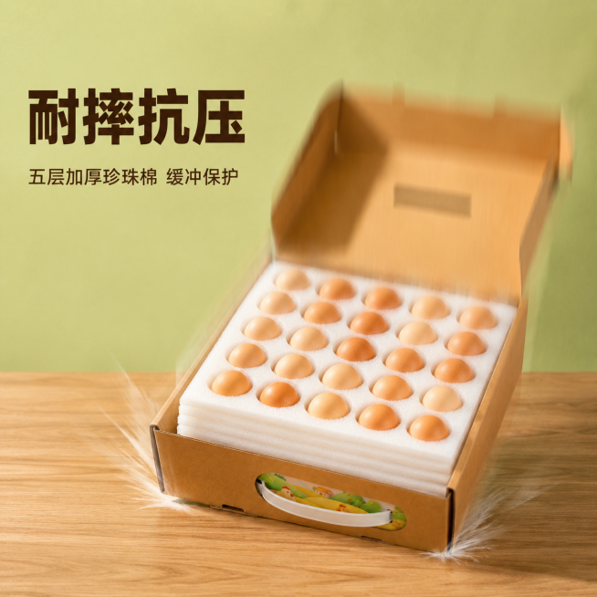 [主图-3] 土鸡蛋包装盒耐摔抗压测试示意场景图。[氛围风格] 真实可信、生活化演示。[画质] 商业摄影质感、光线柔和通透、产品清晰真实、画面干净高级。[元素] 展示包装盒从约30cm高度轻落至木质桌预览效果