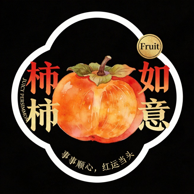 异形卡片，整体为圆润柿子果实轮廓，白色底色+清晰白色粗描边，纯黑背景。主体是橙红饱满的柿子（带果蒂与叶片），水彩肌理细腻通透，果肉纹理清晰。文字全部环绕在水果外围排版：主标题"柿柿如意"（复古书法体，预览效果