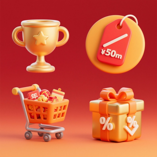 一套四个规整排布的降价促销主题图标，保持3D立体渐变风格，统一的橙黄色系配色，高光与阴影细节丰富，平滑的数字艺术质感，红色渐变背景。第一个图标：暖金色奖杯，杯身上有一个五星图形；第二个图标：红色价格标预览效果