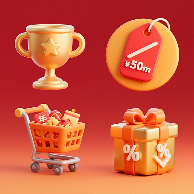 一套四个规整排布的降价促销主题图标，保持3D立体渐变风格，统一的橙黄色系配色，高光与阴影细节丰富，平滑的数字艺术质感，红色渐变背景。第一个图标：暖金色奖杯，杯身上有一个五星图形；第二个图标：红色价格标签，带有斜线划掉的原价和下方的新低价数字，背景为橙色圆形；第三个图标：橙色购物车，车内装满年货；第四个图标：金色礼盒，系着橙色丝带，礼盒上有折扣百分比数字和向下箭头。所有图标元素清晰，风格统一，布局规整，传达明确的降价促销信息。