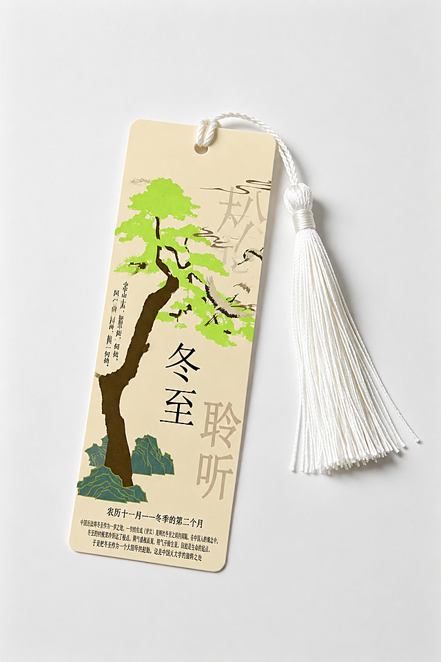 将图一的冬至松树国风图案放到图二的白色书签上作为封面，保持书签的流苏和整体形状，图案适配书签尺寸