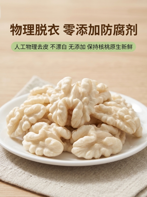 [详情页3 工艺展示] 物理脱衣工艺介绍
[氛围风格] 干净卫生，天然健康
[画面元素] 商业摄影质感，光线柔和通透。放置一盘已经脱好的新鲜去皮核桃仁，背景简洁干净原木桌面，近距离展示核桃仁洁白饱满的预览效果